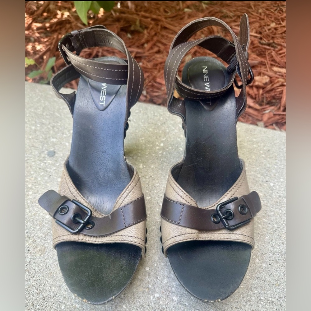 Nine West Oceanside Brown Leather Platform Sandals Size 9.5 Ankle Strap Vintage
